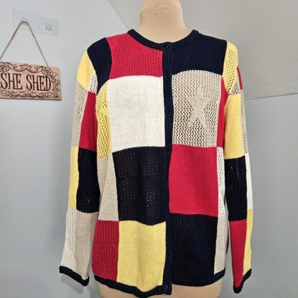 Breckenridge Americana Patriotic Red Blue Color Block Button Front Cardigan L - Picture 1 of 11